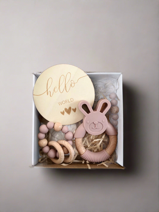 Baby gift box- pink teether, wooden disc
