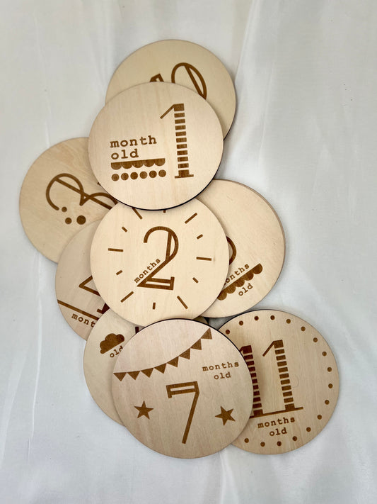 Wooden Milestone discs - assorted designs 12 discs