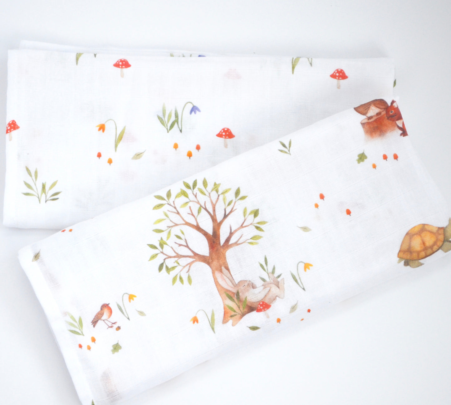 Pair of Muslin Squares in pure cotton- 'Hare and Tortoise' collection With the Little Book